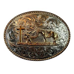 VTG Justin Silver Mexico Belt Buckle "Kneeling Cowboy at Cross" & Horse Two Tone